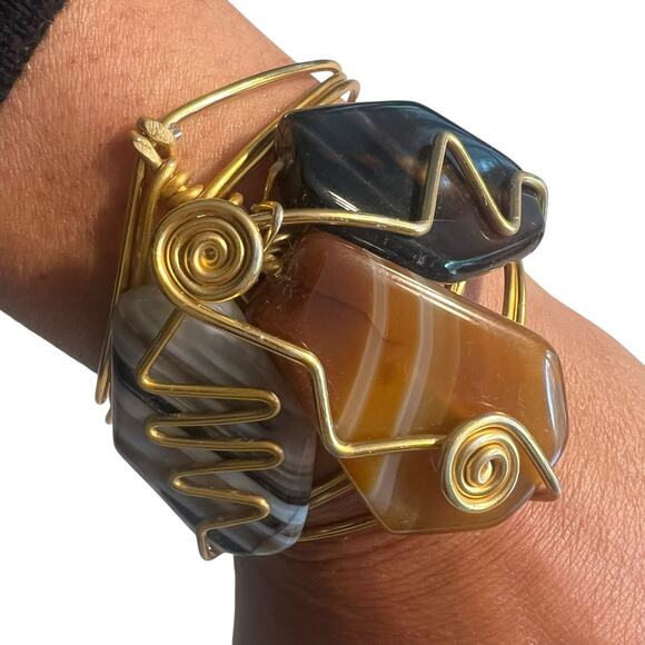 Handmade Wrapped Natural Stone Copper Wire Cuff Bracelet Bangle Agate - Picture 2 of 6